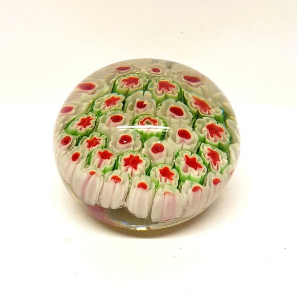Millefiori Paperweight Glass White Red Green Flowers Handmade - Picture 1 of 5